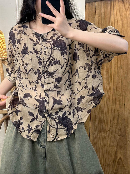 Women Summer Vintage Flower Button-up Ramie Shirt PP1019 ZMMM