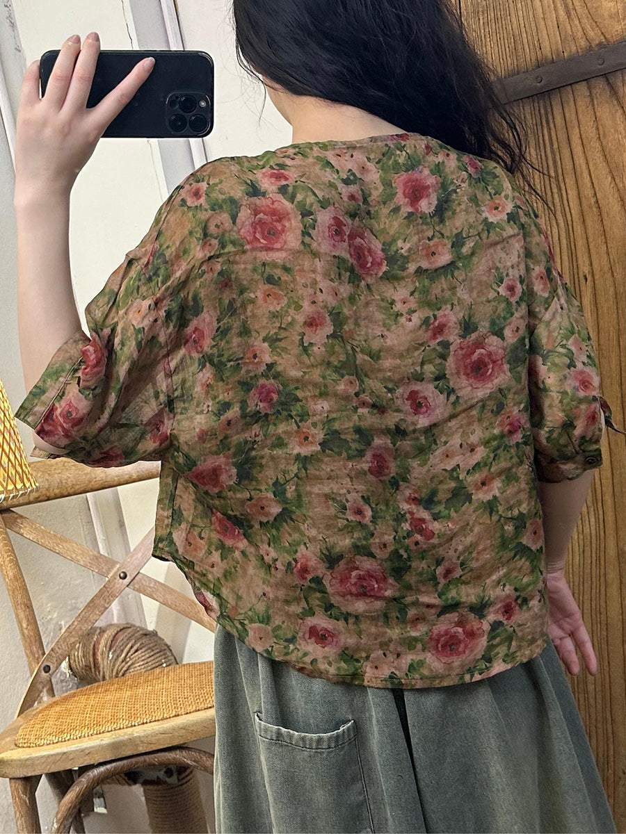 Women Summer Vintage Flower Button-up Ramie Shirt PP1019 ZMMM