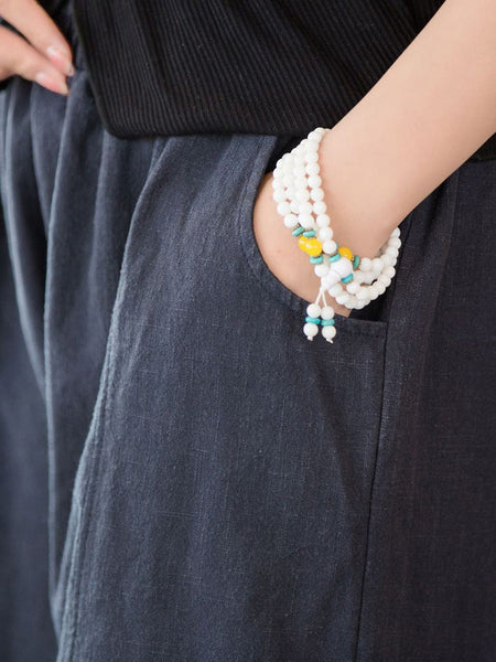 Women Summer Casual Ramie Cotton Solid Fifth Pants HH032 BUYKUD