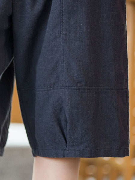 Women Summer Casual Ramie Cotton Solid Fifth Pants HH032 BUYKUD