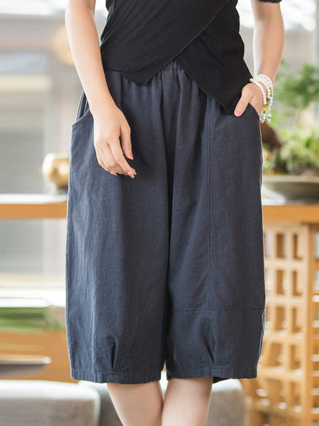 Women Summer Casual Ramie Cotton Solid Fifth Pants HH032 BUYKUD