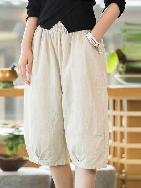 Women Summer Casual Ramie Cotton Solid Fifth Pants HH032 BUYKUD
