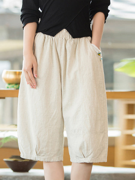 Women Summer Casual Ramie Cotton Solid Fifth Pants HH032 BUYKUD