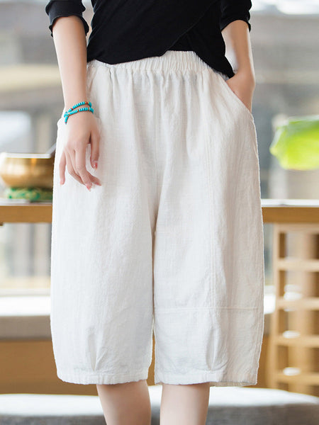 Women Summer Casual Ramie Cotton Solid Fifth Pants HH032 BUYKUD