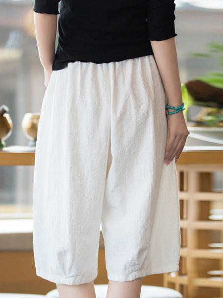 Women Summer Casual Ramie Cotton Solid Fifth Pants HH032 BUYKUD
