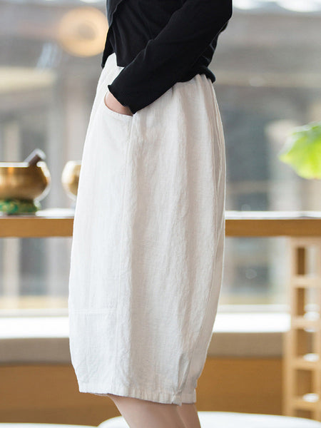 Women Summer Casual Ramie Cotton Solid Fifth Pants HH032 BUYKUD