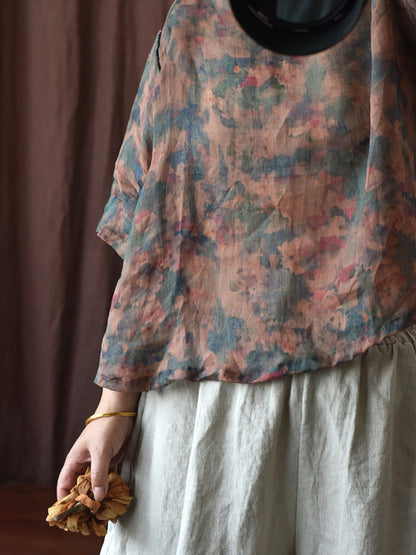 Women Summer Vintage Floral O-Neck Print Ramie Shirt HH033 BUYKUD