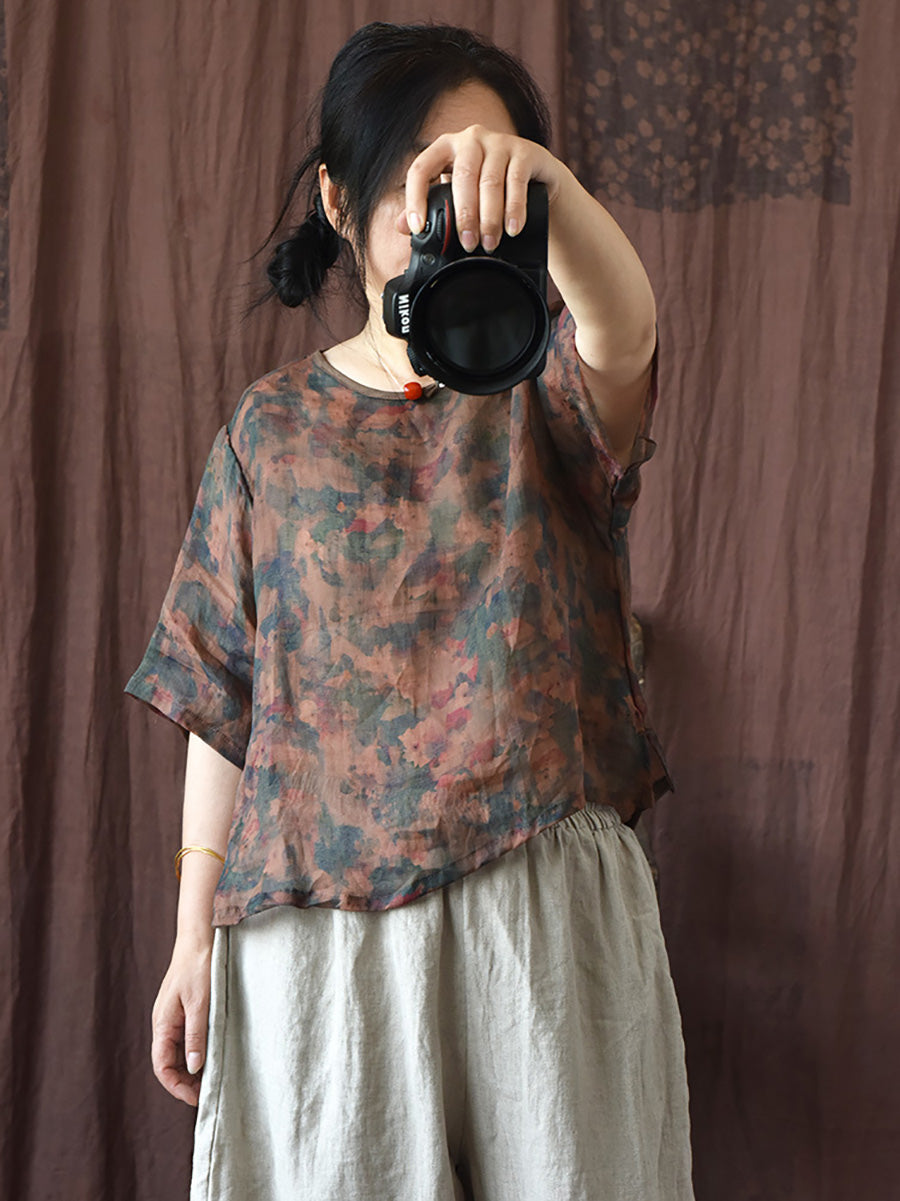 Women Summer Vintage Floral O-Neck Print Ramie Shirt HH033 BUYKUD