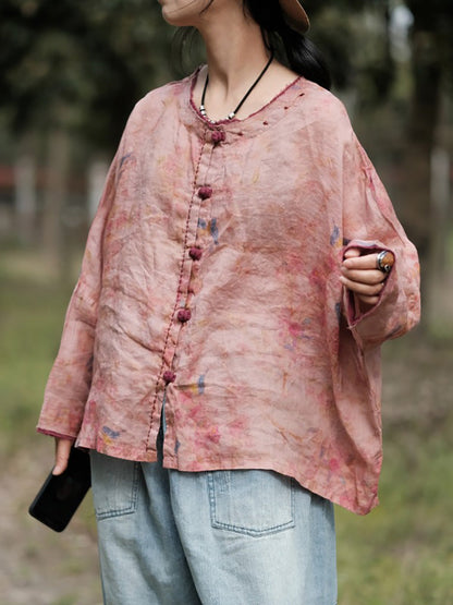 Women Summer Vintage Flower Button Ramie Loose Shirt HH036 JSHY