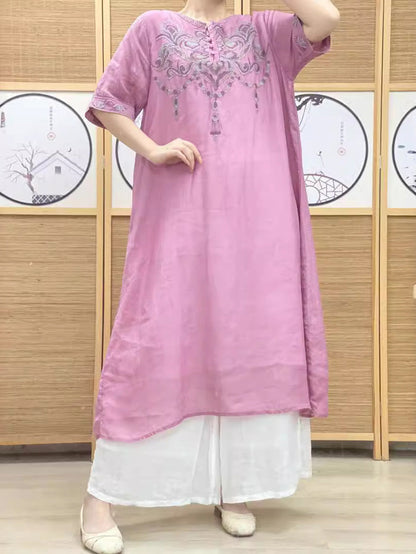 Women Summer Artsy Embroidery Ramie Loose Drses HH037 ZSLN
