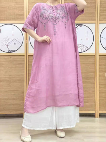 Women Summer Artsy Embroidery Ramie Loose Drses HH037 ZSLN