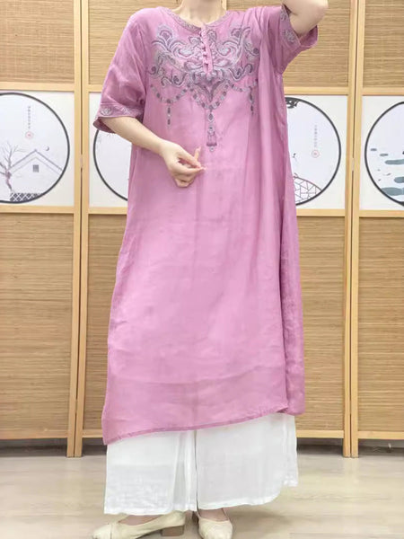Women Summer Artsy Embroidery Ramie Loose Drses HH037 ZSLN