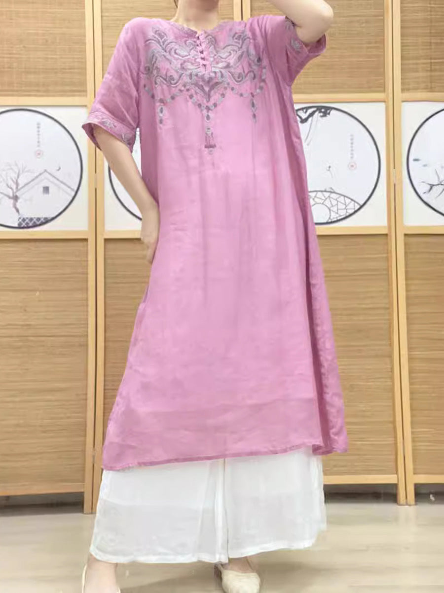 Women Summer Artsy Embroidery Ramie Loose Drses HH037 ZSLN