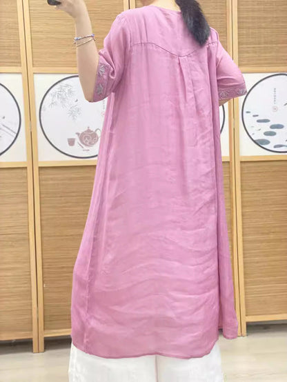 Women Summer Artsy Embroidery Ramie Loose Drses HH037 ZSLN