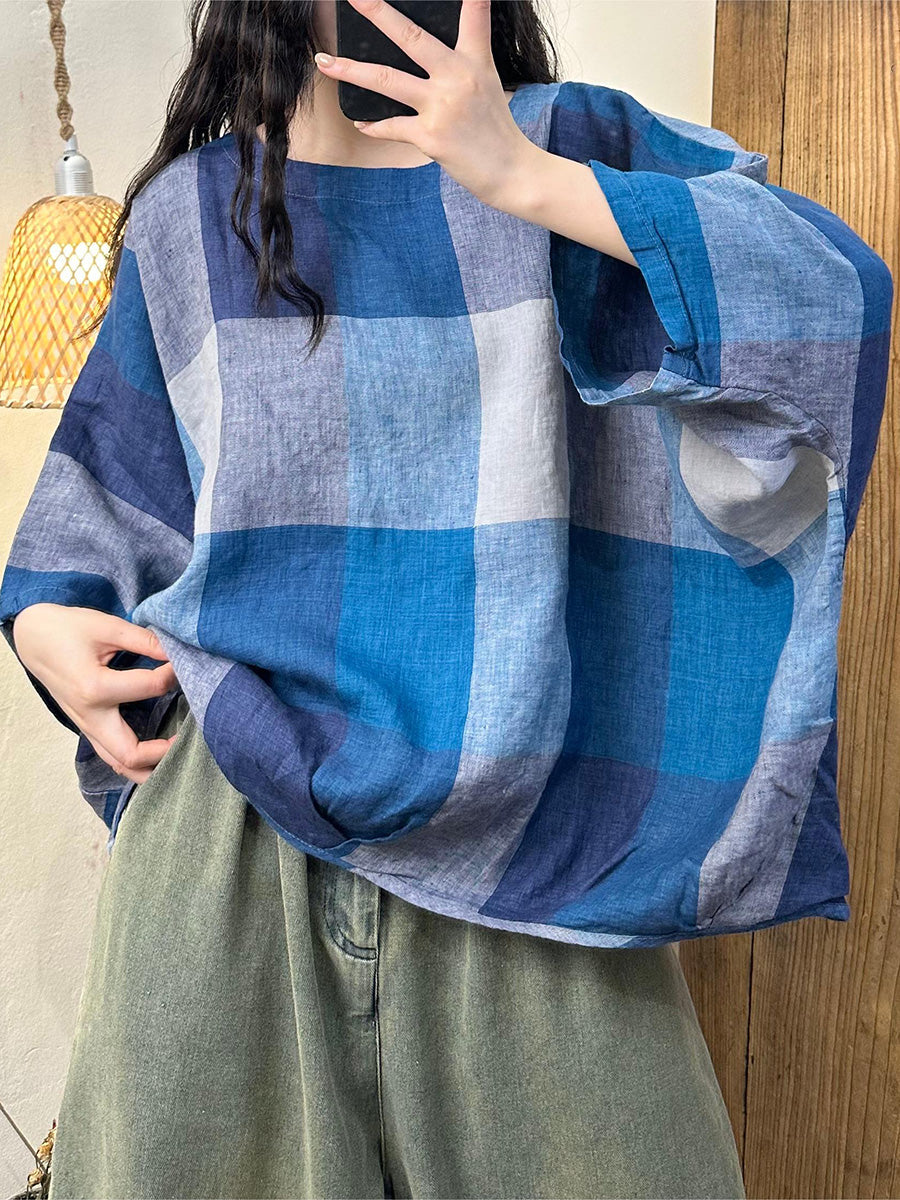 Women Summer Casual Plaid Batwing SLeeve Linen Shirt HH038 BUYKUD