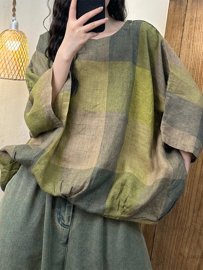 Women Summer Casual Plaid Batwing SLeeve Linen Shirt HH038 BUYKUD