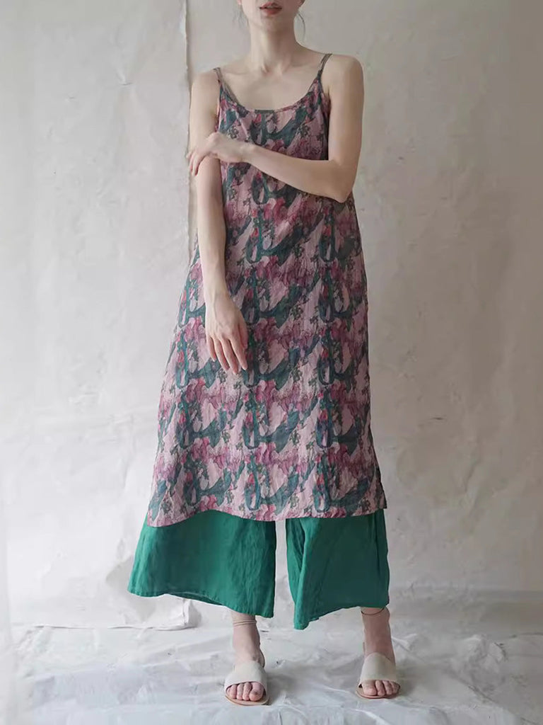 Women Summer Artsy Print Thin Ramie Vest Dress HH050 MH