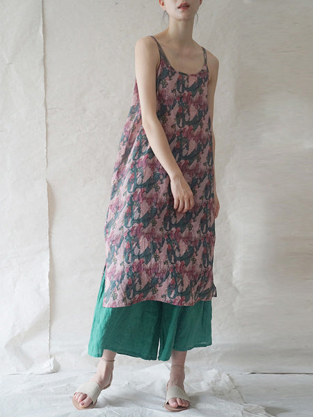 Women Summer Artsy Print Thin Ramie Vest Dress HH050 MH