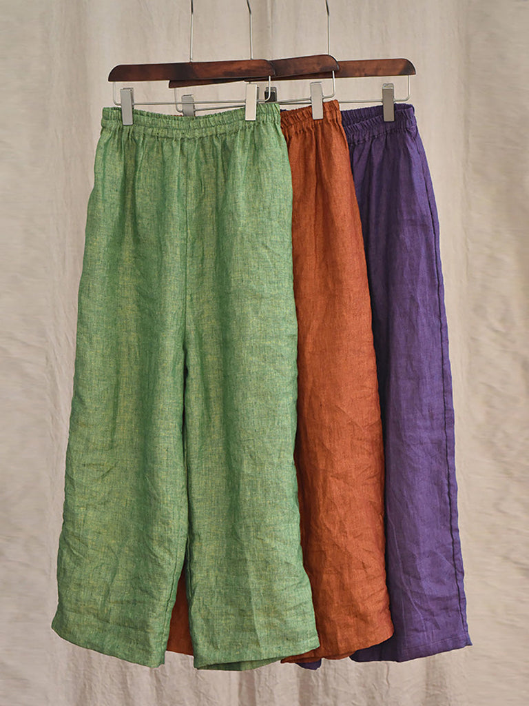 Women Summer 100% Linen  Pure Color Straight Pants HH027 QYMM