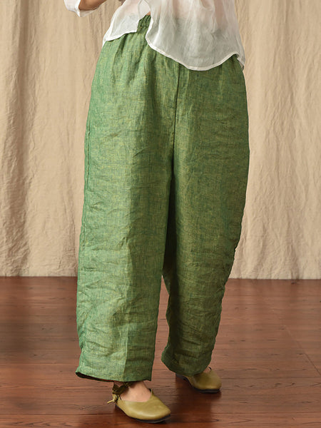 Women Summer 100% Linen  Pure Color Straight Pants HH027 QYMM