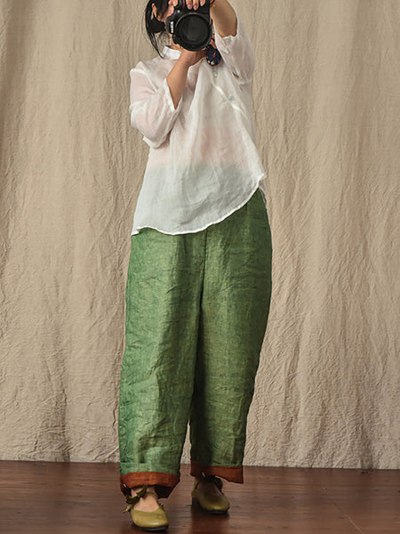 Women Summer 100% Linen  Pure Color Straight Pants HH027 QYMM