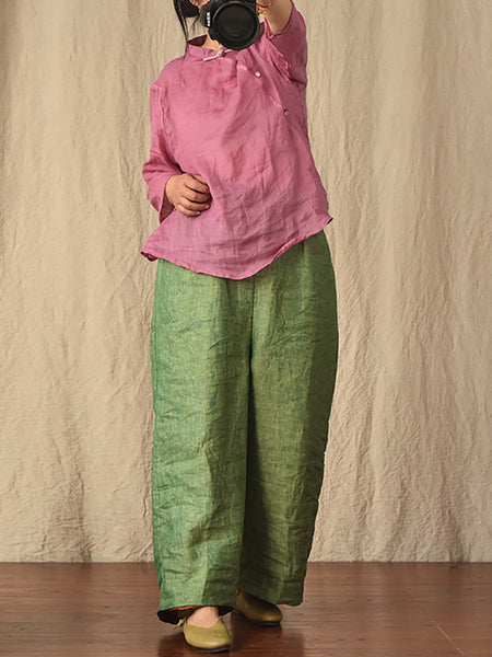 Women Summer 100% Linen  Pure Color Straight Pants HH027 QYMM