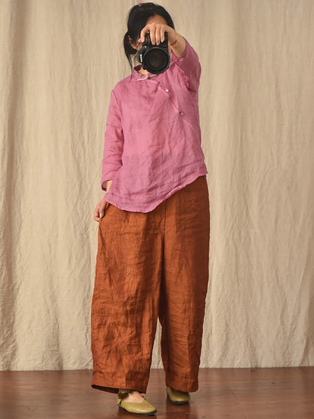 Women Summer 100% Linen  Pure Color Straight Pants HH027 QYMM