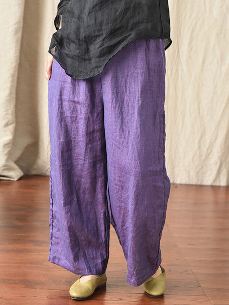 Women Summer 100% Linen  Pure Color Straight Pants HH027 QYMM