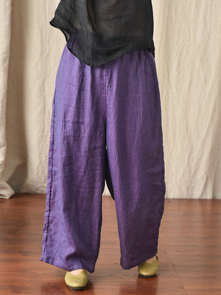Women Summer 100% Linen  Pure Color Straight Pants HH027 QYMM