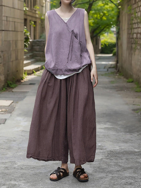 Women Summer Artsy Strap Solid V-Neck Vest HH004 BUYKUD