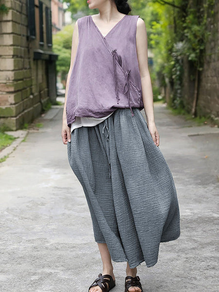 Women Summer Artsy Strap Solid V-Neck Vest HH004 BUYKUD