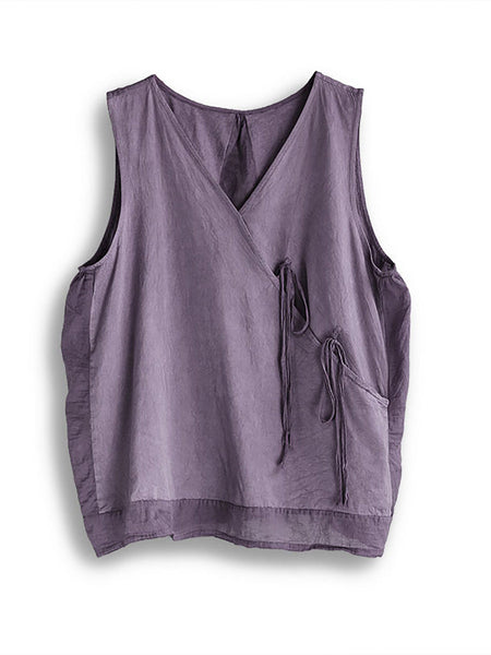Women Summer Artsy Strap Solid V-Neck Vest HH004 BUYKUD