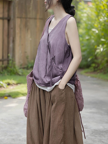 Women Summer Artsy Strap Solid V-Neck Vest HH004 BUYKUD