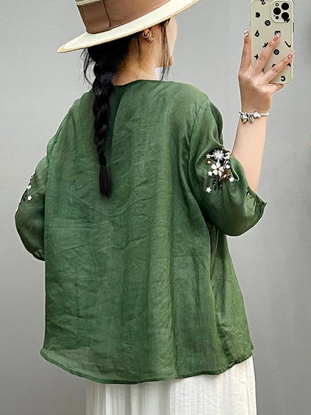 Women Summer Artsy Embroidery O-Neck Ramie Shirt HH005 BUYKUD