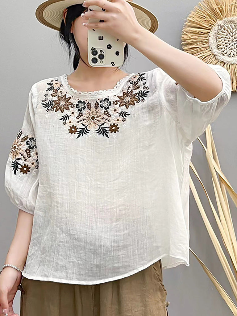 Women Summer Artsy Embroidery O-Neck Ramie Shirt HH005 BUYKUD