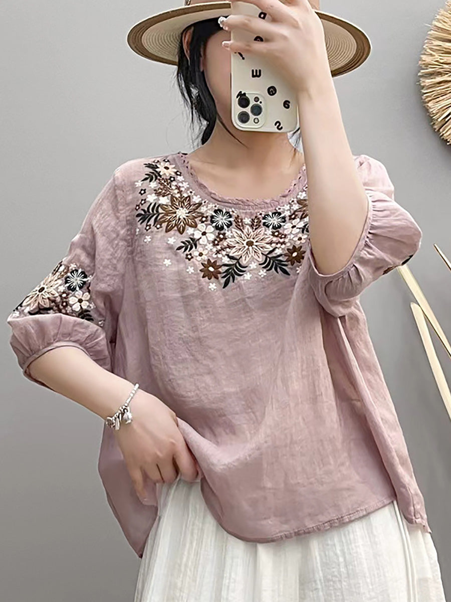 Women Summer Artsy Embroidery O-Neck Ramie Shirt HH005 BUYKUD