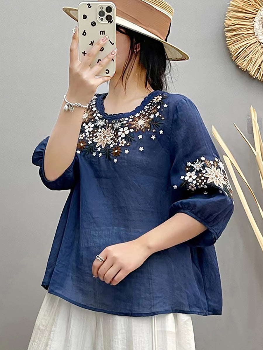 Women Summer Artsy Embroidery O-Neck Ramie Shirt HH005 BUYKUD