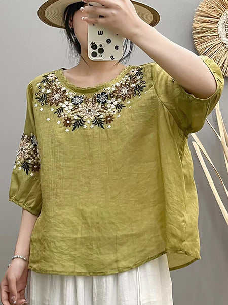 Women Summer Artsy Embroidery O-Neck Ramie Shirt HH005 BUYKUD