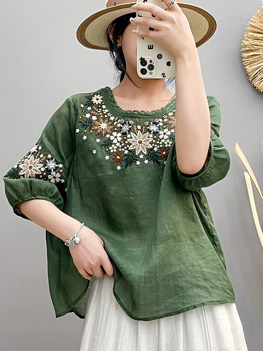 Women Summer Artsy Embroidery O-Neck Ramie Shirt HH005 BUYKUD