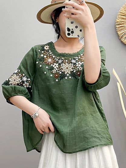 Women Summer Artsy Embroidery O-Neck Ramie Shirt HH005 BUYKUD