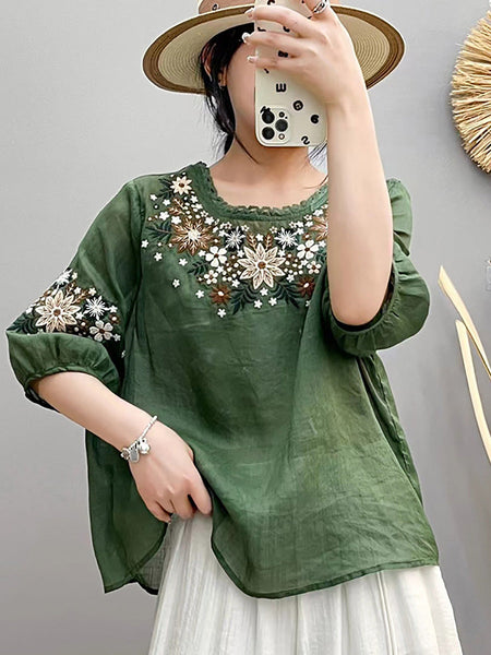 Women Summer Artsy Embroidery O-Neck Ramie Shirt HH005 BUYKUD