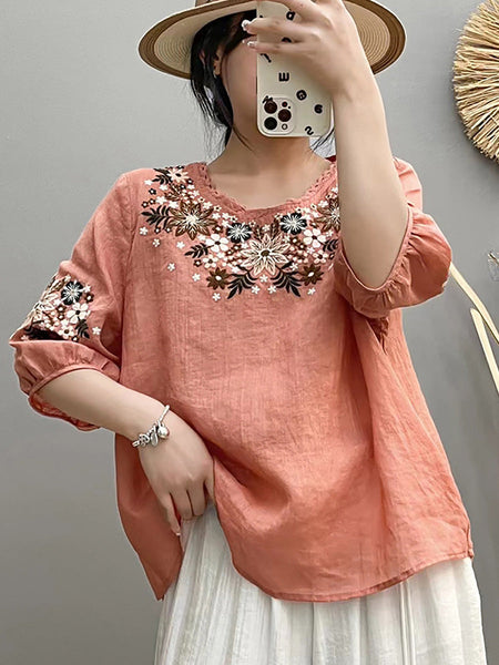 Women Summer Artsy Embroidery O-Neck Ramie Shirt HH005 BUYKUD
