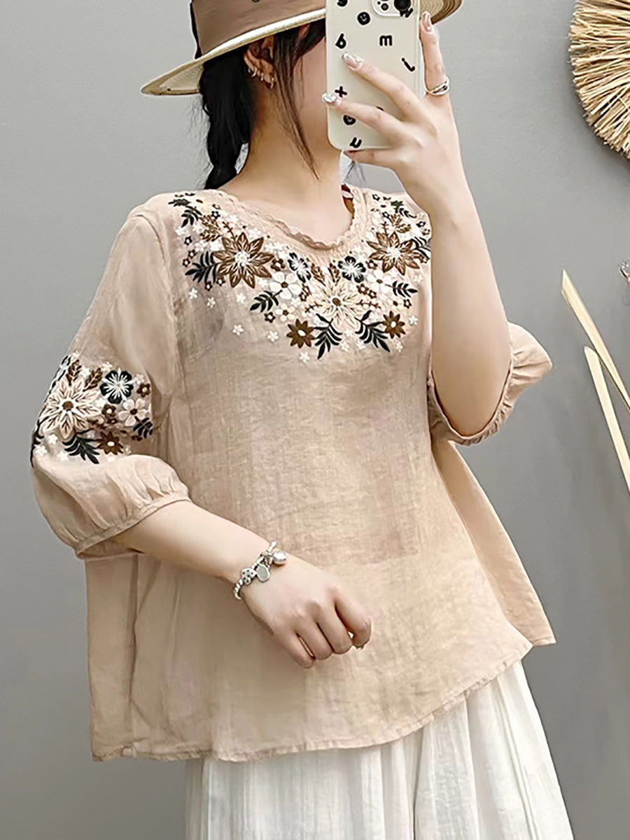 Women Summer Artsy Embroidery O-Neck Ramie Shirt HH005 BUYKUD