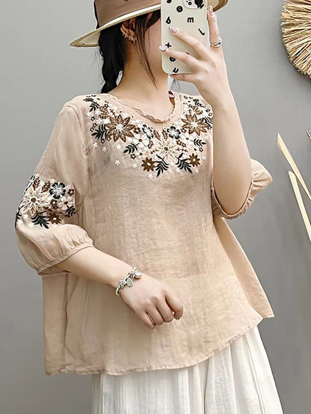 Women Summer Artsy Embroidery O-Neck Ramie Shirt HH005 BUYKUD