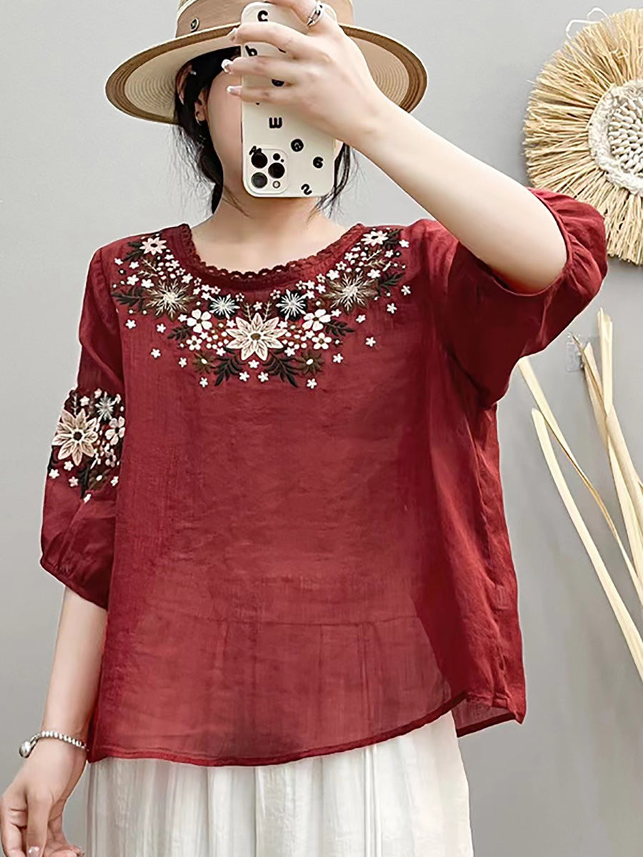 Women Summer Artsy Embroidery O-Neck Ramie Shirt HH005 BUYKUD