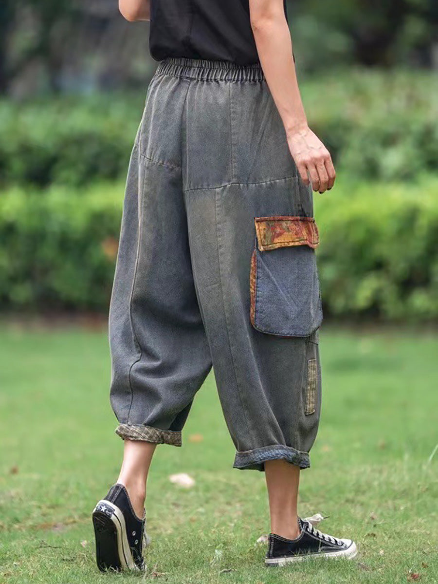 Women Vintage Patch Spliced Denim Harem Pants HH006 BUYKUD