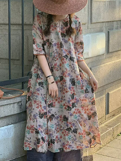 Women Summer Vintage Flower Spliced Strap Ramie Dress HH007 BUYKUD