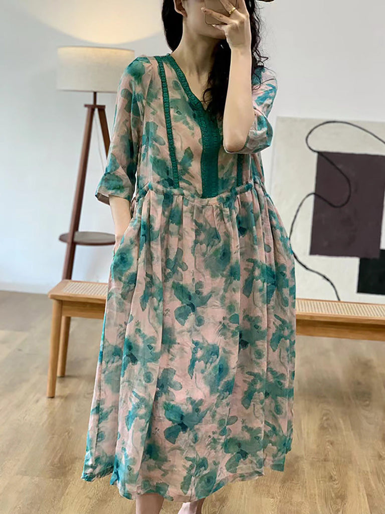 Women Summer Artsy Flower Spliced V-Neck Ramie Dress HH008 BUYKUD