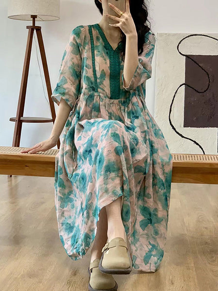 Women Summer Artsy Flower Spliced V-Neck Ramie Dress HH008 BUYKUD