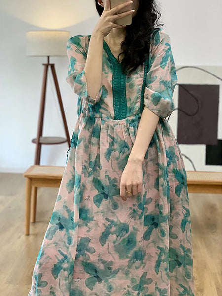 Women Summer Artsy Flower Spliced V-Neck Ramie Dress HH008 BUYKUD